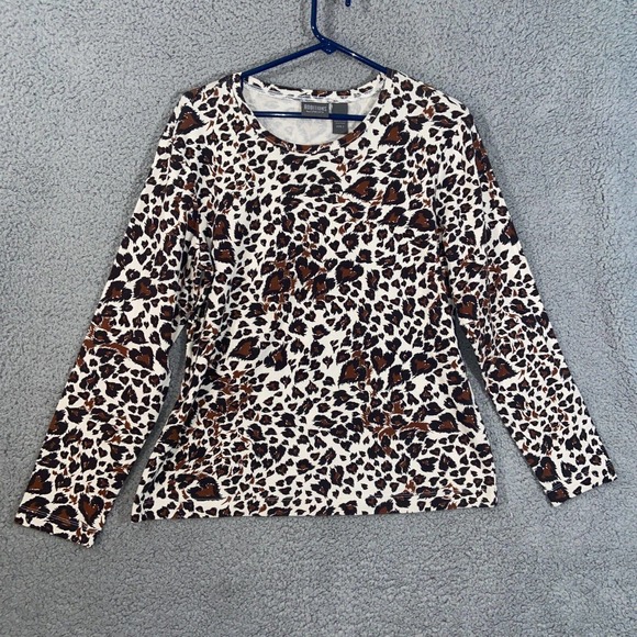 Additions by Chico's Top Womens 2 White Brown Heart Pattern Long Sleeve Casual - Picture 1 of 13